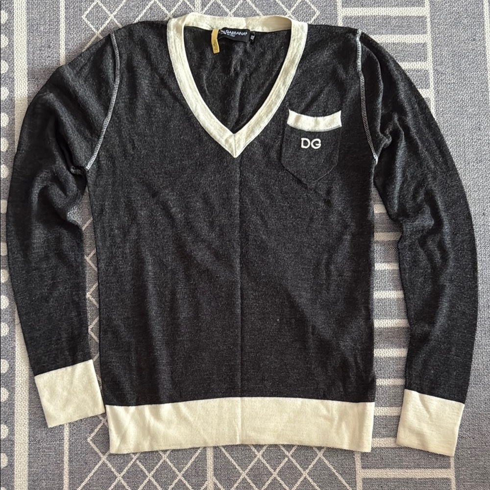 Dolce & Gabbana Gray and Cream V-Neck Sweater